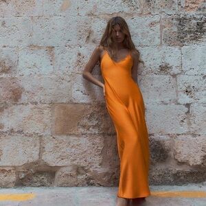 NWT, Zara Satin Effect Midi Dress, Orange, XS